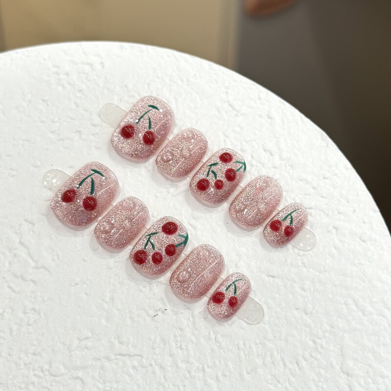 Wearable Nail Cherry Crystal Cat's Eye Pink Removable Nail Art Stickers Short Phototherapy Nail Finished Products Wholesale Candy Color