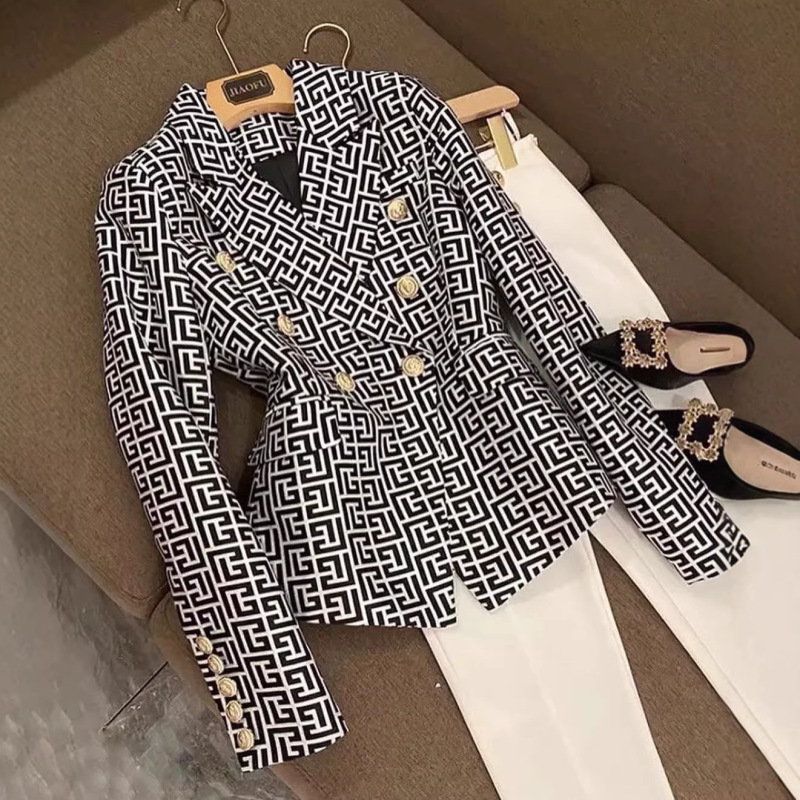 1688 Cross-Border Hot-Selling Women's Blazer with Black and White Geometric Print, Waist-Cinching, Slimming, Double-Breasted Blazer 1688 Cross-Border Hot-Selling Women's Blazer with Black and White Geometric Print, Waist-Cinching, Slimming, Double-Breasted Blazer