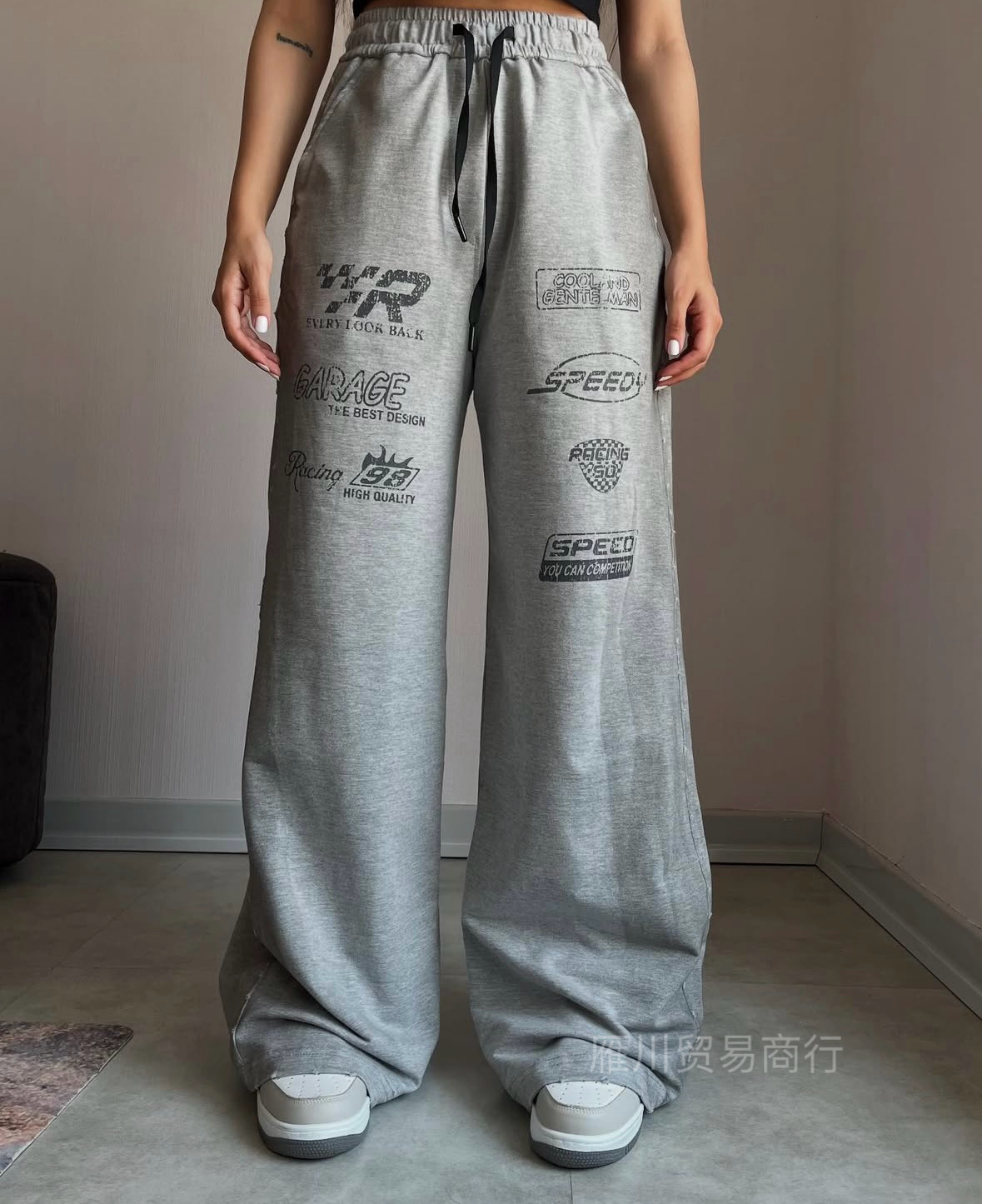 Europa y Estados Unidos transfronterizos retro estampados casuales pantalones deportivos tendencia de moda de cintura alta suelta pantalones grises rectos image 7