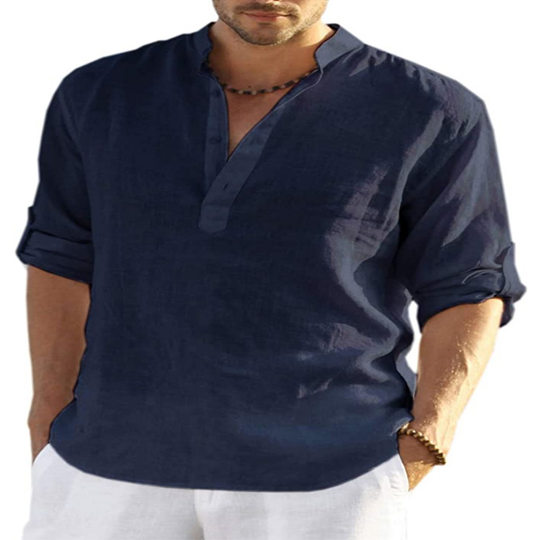 2022 foreign trade Men's linen long-sleeved T-shirt loose undershirt solid color long-sleeved cotton and linen shirt men's plus size generation hair
