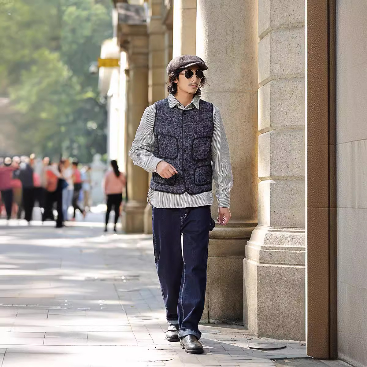 OKONKWO chaqueta de playa de marrón Chaleco de lana gruesa de cuello redondo multi-Bolsa de doble capa de lana chaleco