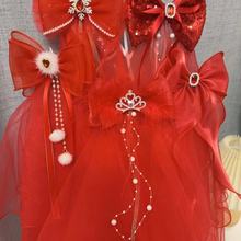 公主儿童可爱网仙女红色中国风女孩红色头纱红色头纱新娘一体新款