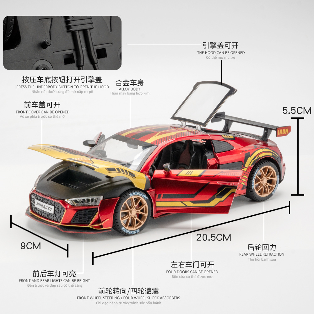 Jianyuan aleación modelo de coche 1:24 Audi R8 versión de pista coche deportivo con sonido y luz Tire hacia atrás coche de juguete modelo de música Decoración