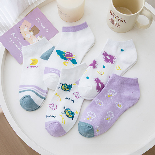 2024 Spring Women's Short Socks Korean High-Quality Short Socks Student Purple Cute Socks Instagram Trendy Boat Socks for Women