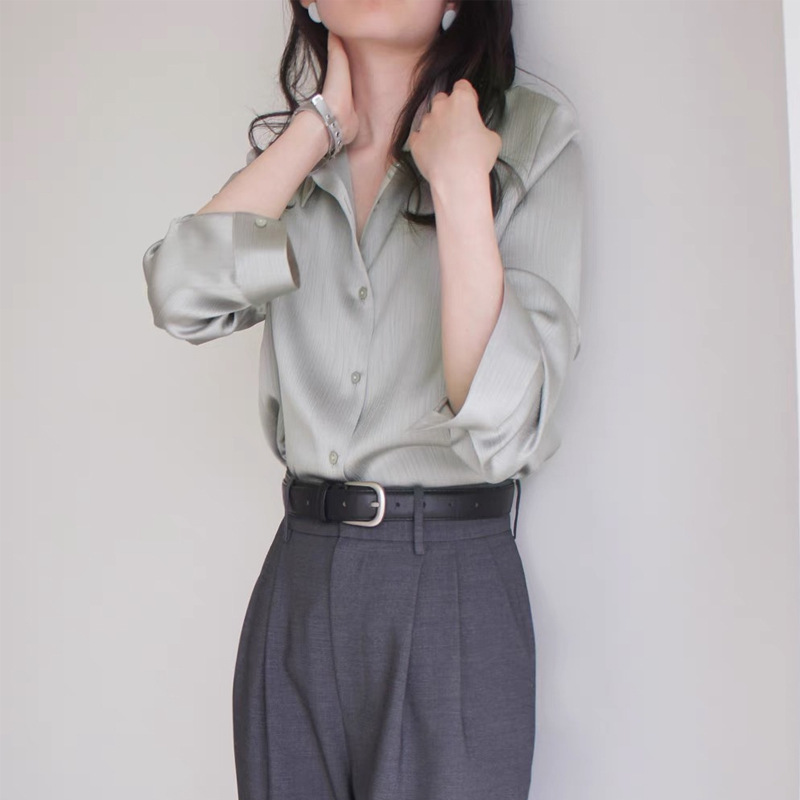 Lost and Found Gray Bean Green Vertical Silk Satin Matte Dark Pattern Long-Sleeved Shirt High-End Work Clothing Texture