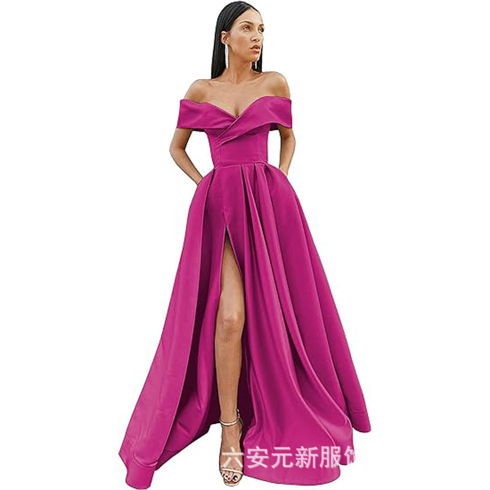 Amazon Comercio exterior fuera del hombro prom vestido de noche largo split sexy Fiesta de las mujeres vestido de banquete