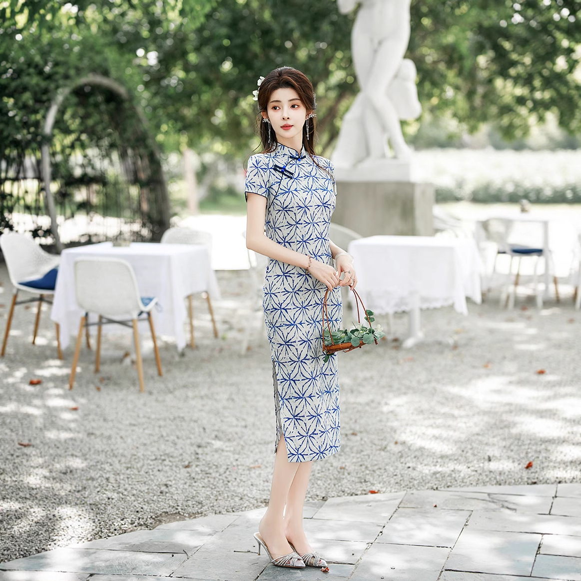 New Summer Double Silk Linen Printed Pearl Button Artistic Style Women's Cheongsam Private Dress Light Mature Style Elegant Dress Mid-Length Cheongsam