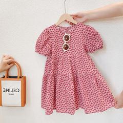 Summer New Women and Children Fashion Cotton Linen Pleated Design Full Print Heart Short Sleeve Dress Trend 77070