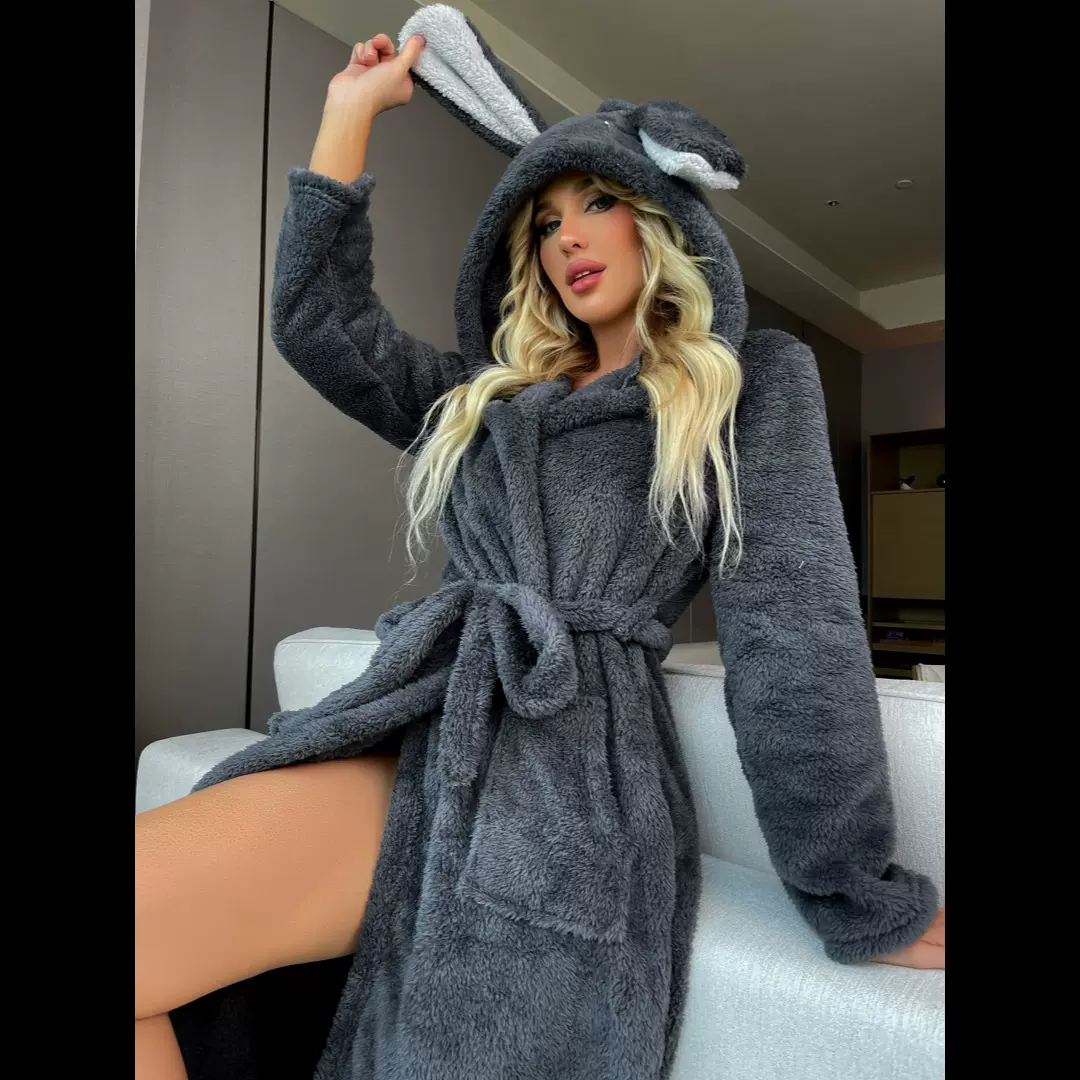 2025秋季双面绒浴袍兔耳朵女士睡衣家居服休闲套装可加厚法兰绒