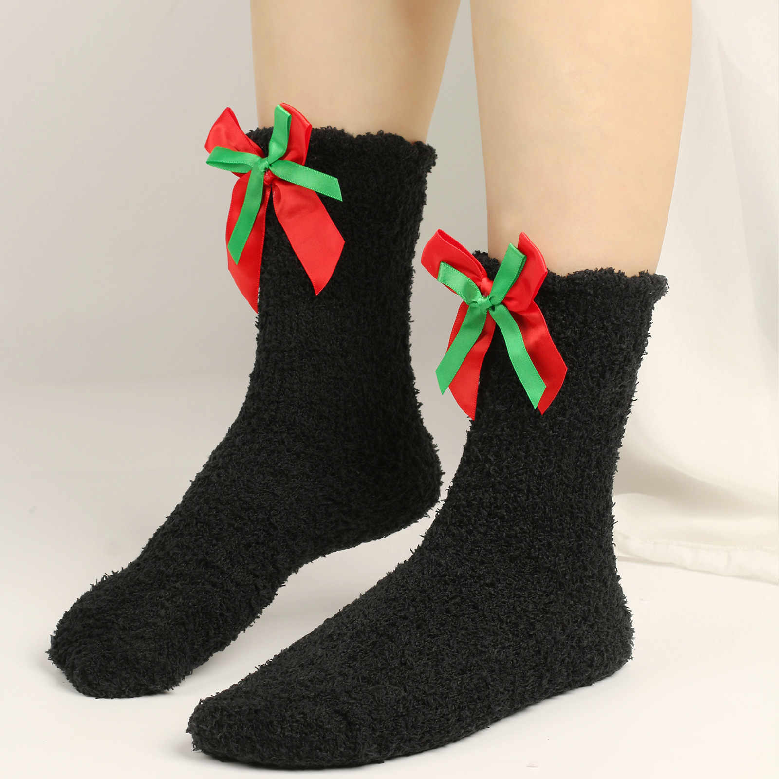 Calzini da donna Calzini spessi e caldi in peluche Calzini in pile corallo con fiocco Calzini a tubo medio autunnali e invernali Calzini con fiocco_voghion.com