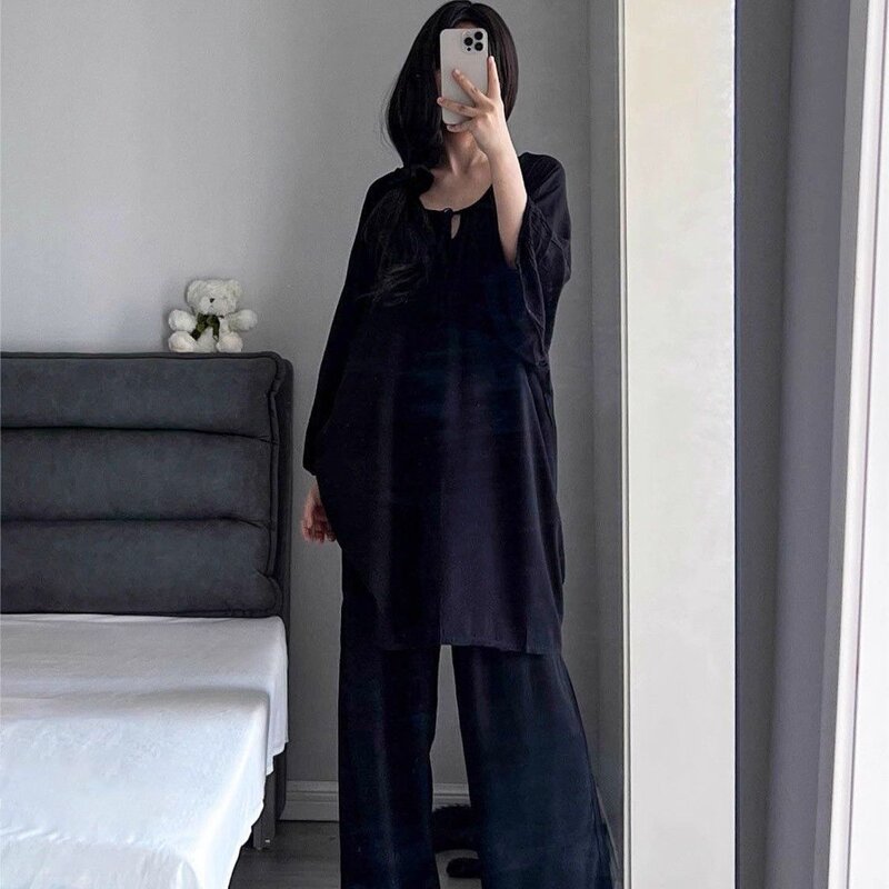 High-End Loose Casual Style Lazy Cloud Pajamas for Women, Three-Quarter Sleeve Long Pants, Can Be Worn Outside, Home Wear Set, Plus Size