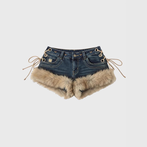 Plus-size American-style high-street designer fur-matched jeans for women—Y2K millennial edgy low-rise slimming hot pants.