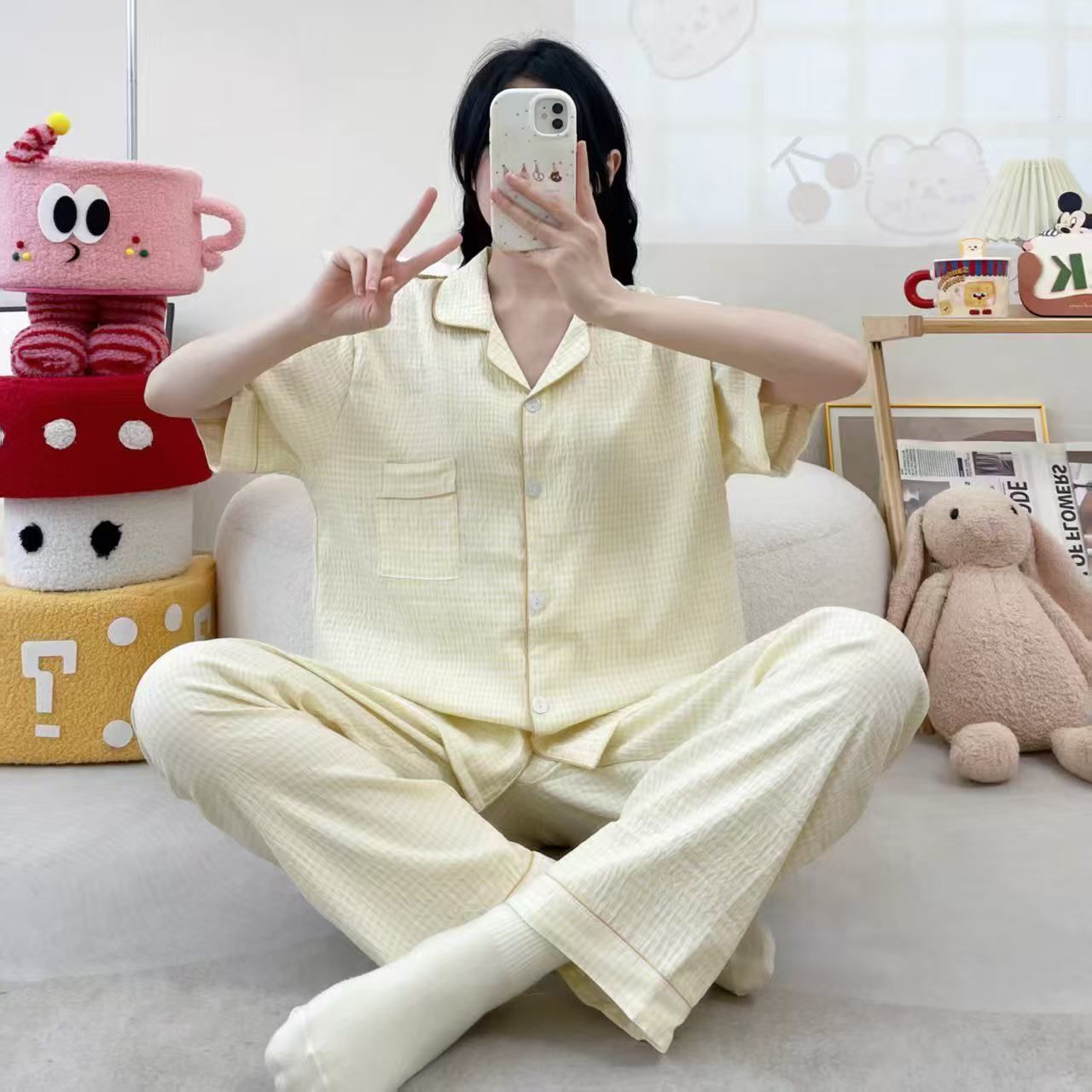 Venta al por mayor transfronteriza de una variedad de pijamas para mujer verano nueva nube cárdigan de gasa de algodón pantalones de manga corta lindo traje de servicio a domicilio