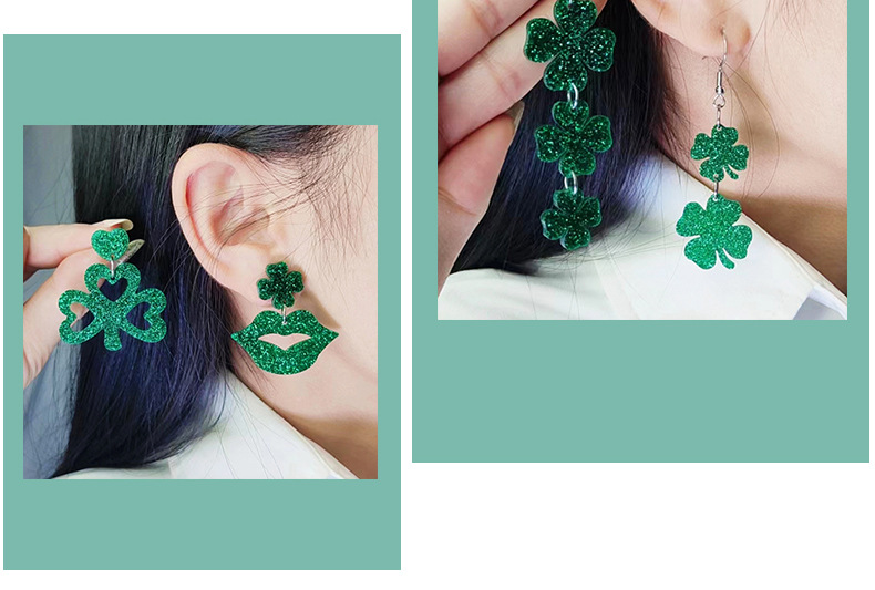 1 Pair Casual Simple Style Shamrock Lips Four Leaf Clover Arylic Drop Earrings display picture 2