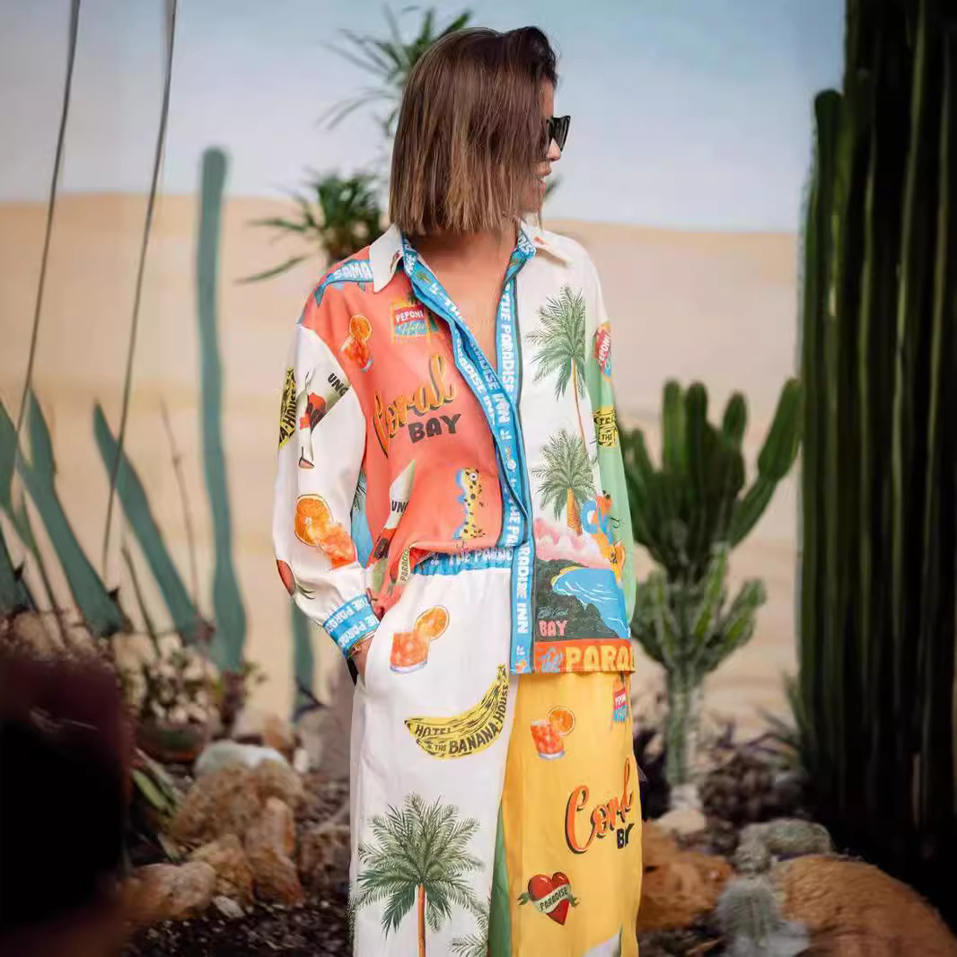 Holiday, Beach Occasion Turndown Neckline Holiday Beach Women's Hawaiian Vacation Color Block Coconut Tree Linen Polyester Printing Pant Co-ord Set Pants Sets