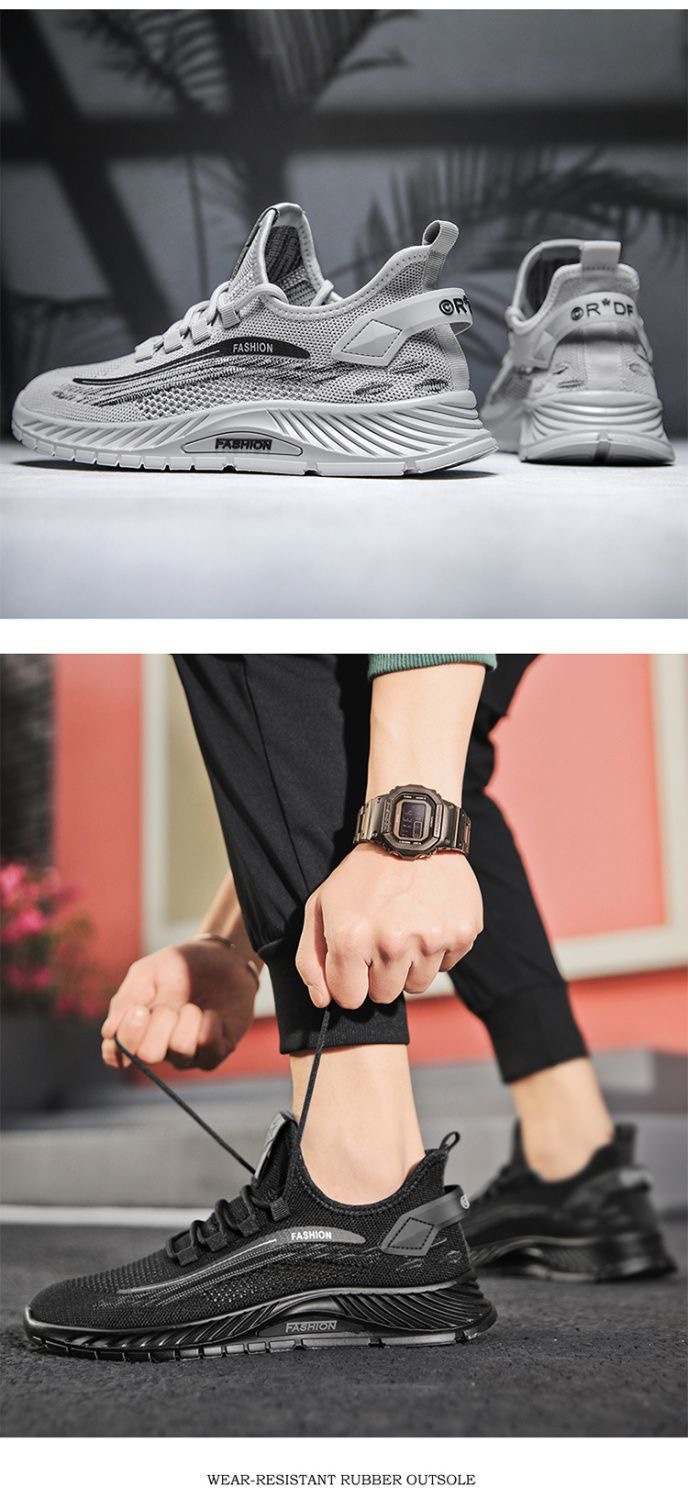 Chaussures de course respirantes Flyweave pour hommes, été, semelle souple, chaussures décontractées en maille, blanches et noires, à lacets, polyvalentes, pour jeunes_voghion.com