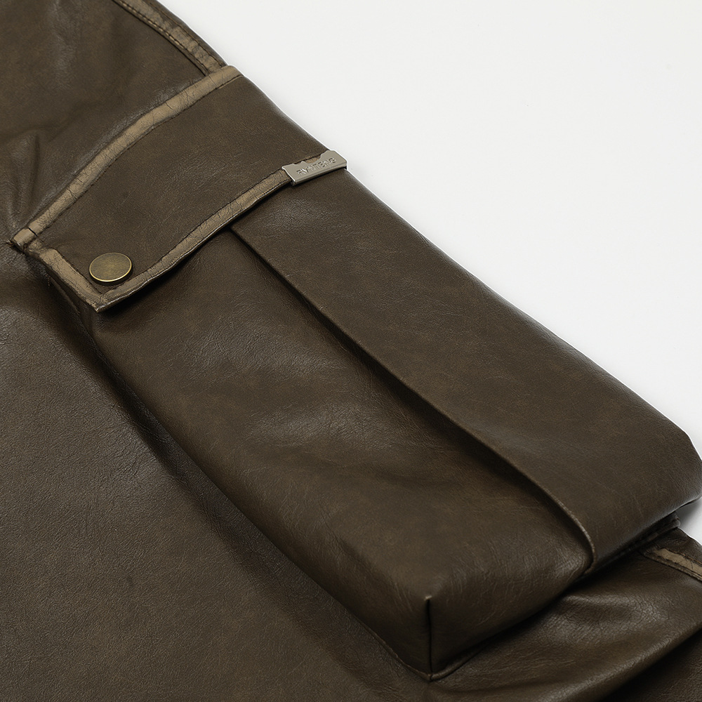 Leder-Cargohose mit mehreren Taschen für Herren im Rock-Style, Kniefalten-Design, gewaschener, gerader, lockerer Schnitt, weites Bein_voghion.com