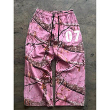 2025春秋季新款欧美跨境外贸男士休闲裤潮流粉色树枝纹印花长裤子