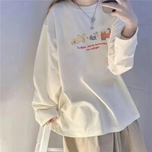 白色长袖t恤女2026新款大码女装显瘦宽松卡通印花打底衫秋季上衣