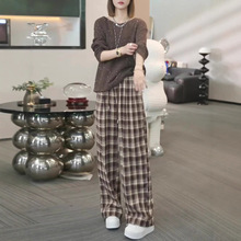 2025秋冬新款韩版女装时尚气质百搭简约亮片长袖针织衫格子阔腿裤