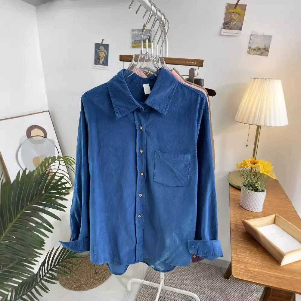 Ретро лацканы с длинными рукавами карманы вельветовая рубашка женская осень-зима корейская свободная повседневная рубашка 4884