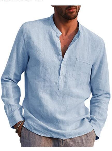Herren Casual Hemd Mit V-ausschnitt Aus Baumwolle Und Leinen_voghion.com