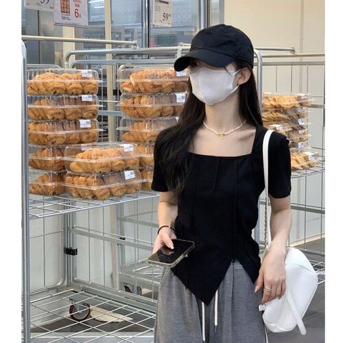 Pure Desire Square Collar Short Sleeve T-Shirt for Women - Summer Fitted Stylish Unique Sweet and Spicy Cute Shoulder Short Length Pleated Top