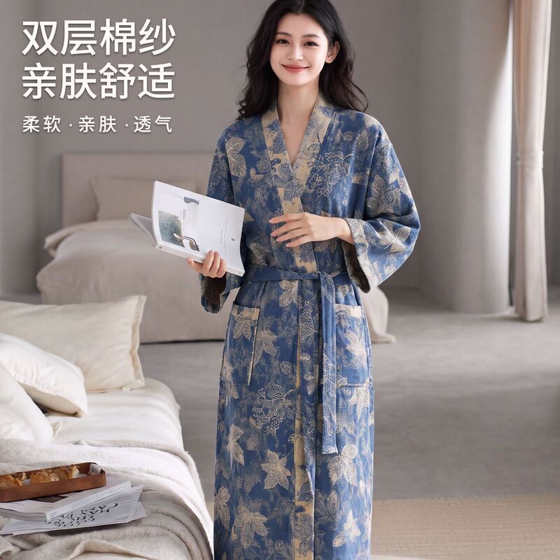 Pure cotton gauze bathrobe for women, summer thin all-cotton pajamas, men's plus-size bathrobe, absorbent and quick-drying bathrobe, morning robe