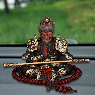 Black Myth Game Merchandise: Wukong Figure with Golden Hoop Staff, Zen-Style Sitting Posture, Living Room Tea Table Decoration, Tea Pet, Car Ornament (Car ornaments) - cbw-5-black-gold-wukong-buddha-beads-two-colors