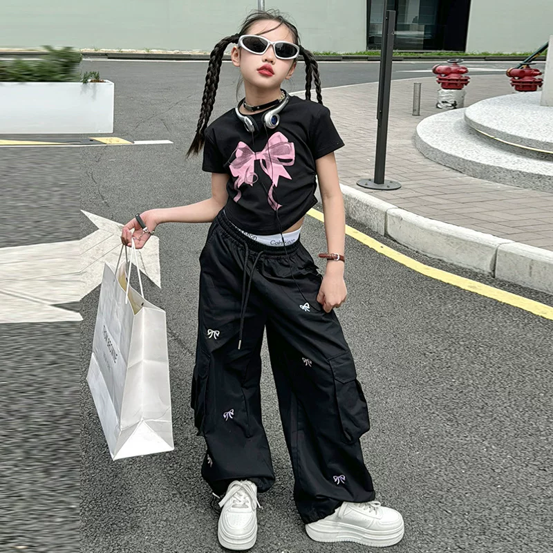 Летняя футболка с бантом для отдыха, брюки, с коротким рукавом, Slim fit
