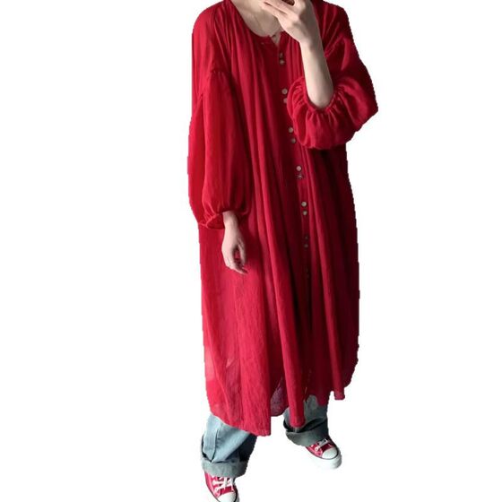 2025 Spring and Summer Travel Ethnic Style Red Lantern Sleeve Cotton and Linen Long Cardigan Sunscreen Shirt Loose plus size dress
