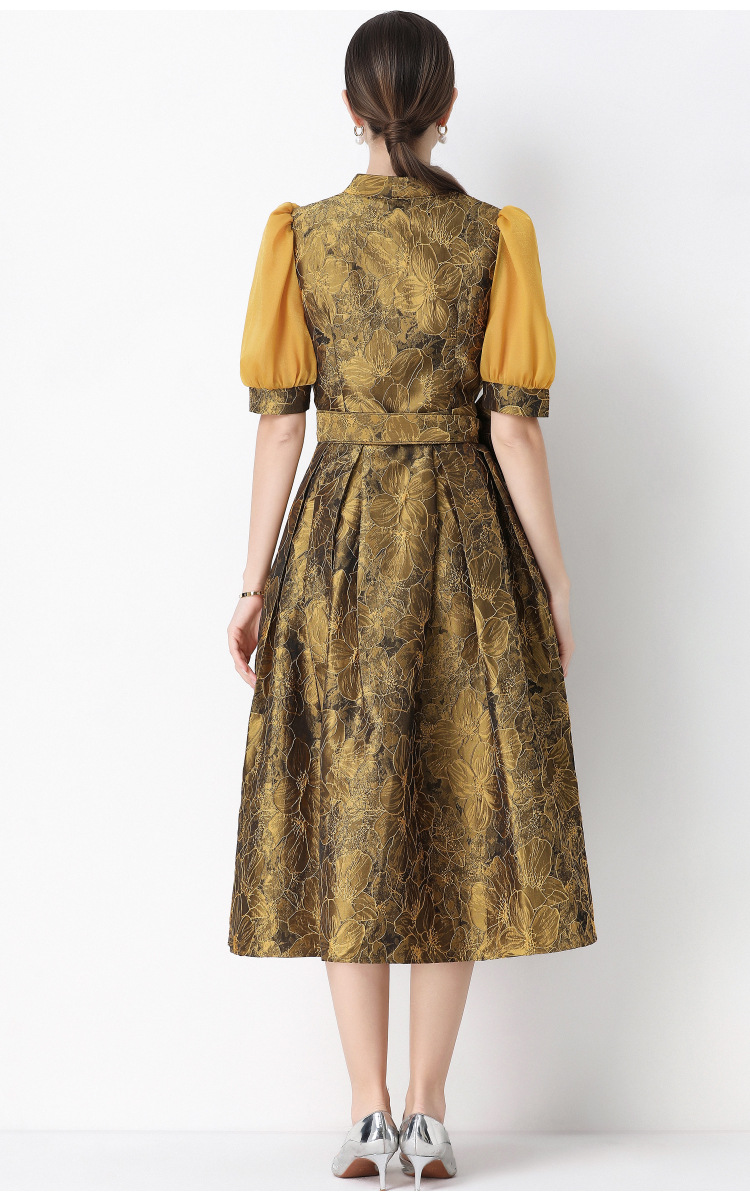 Đầm maxi nữ thắt eo V cổ tay ngắn họa tiết jacquard thanh lịch — màu đen, xanh lam, Màu hồng, màu trắng chi tiết 31