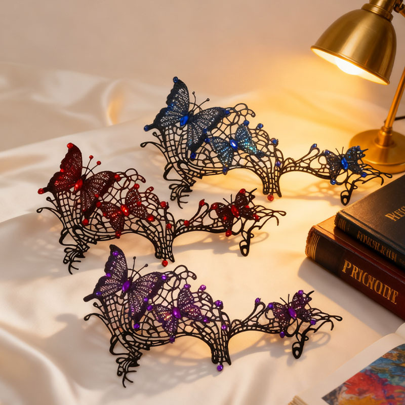 Transfronterizos para la fijación de pestañas de maquillaje de mariposa de diamante de encaje, máscara de mitad de cara, gafas accesorios