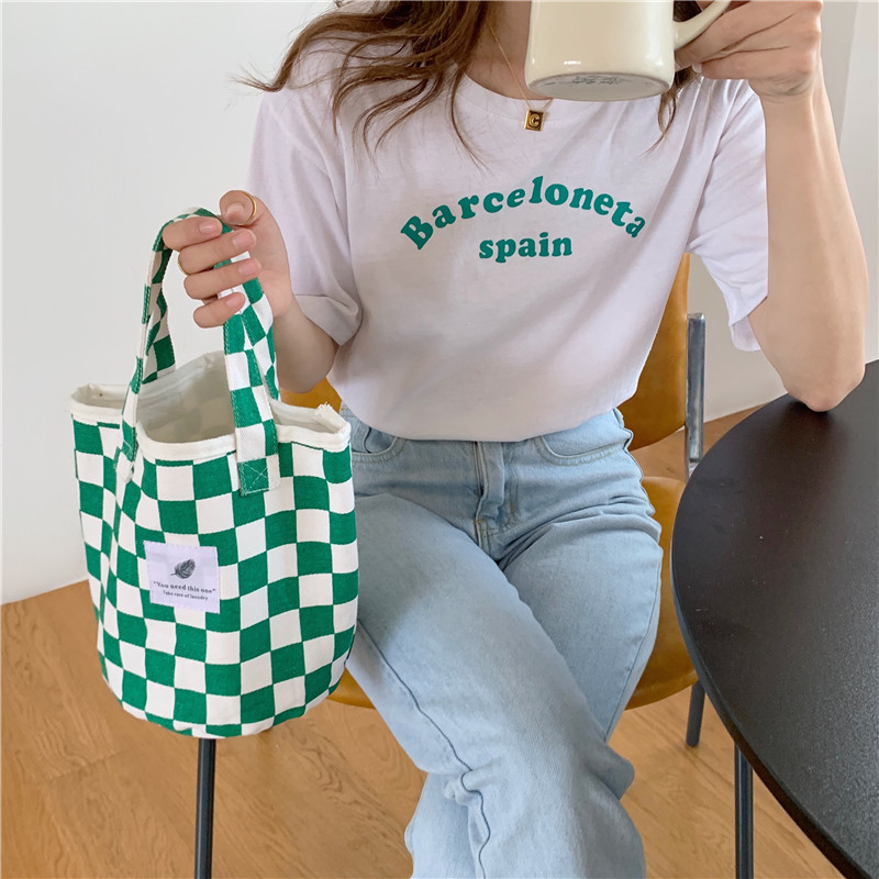 【 In Stock 】18181 checkerboard green checkered canvas bag, school-style commuter single-shoulder bag, retro hand-held tote bag undefined