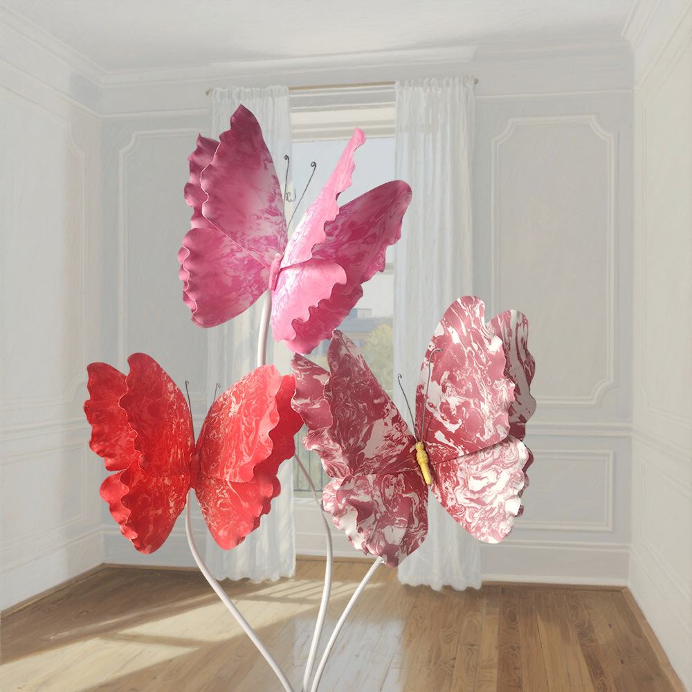 Patrón de color de boda Mariposa Decoración de la sala de bodas PE tridimensional Adornos de guía de carretera de seda Boda de la mañana Artículos de decoración Daquan