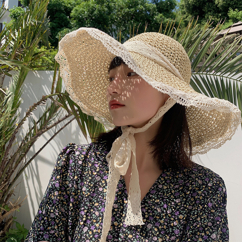 Hat Women's Straw Hat Korean Style Trendy Versatile Japanese Summer Thin Breathable Lace Hollow Small Fresh Windproof Rope