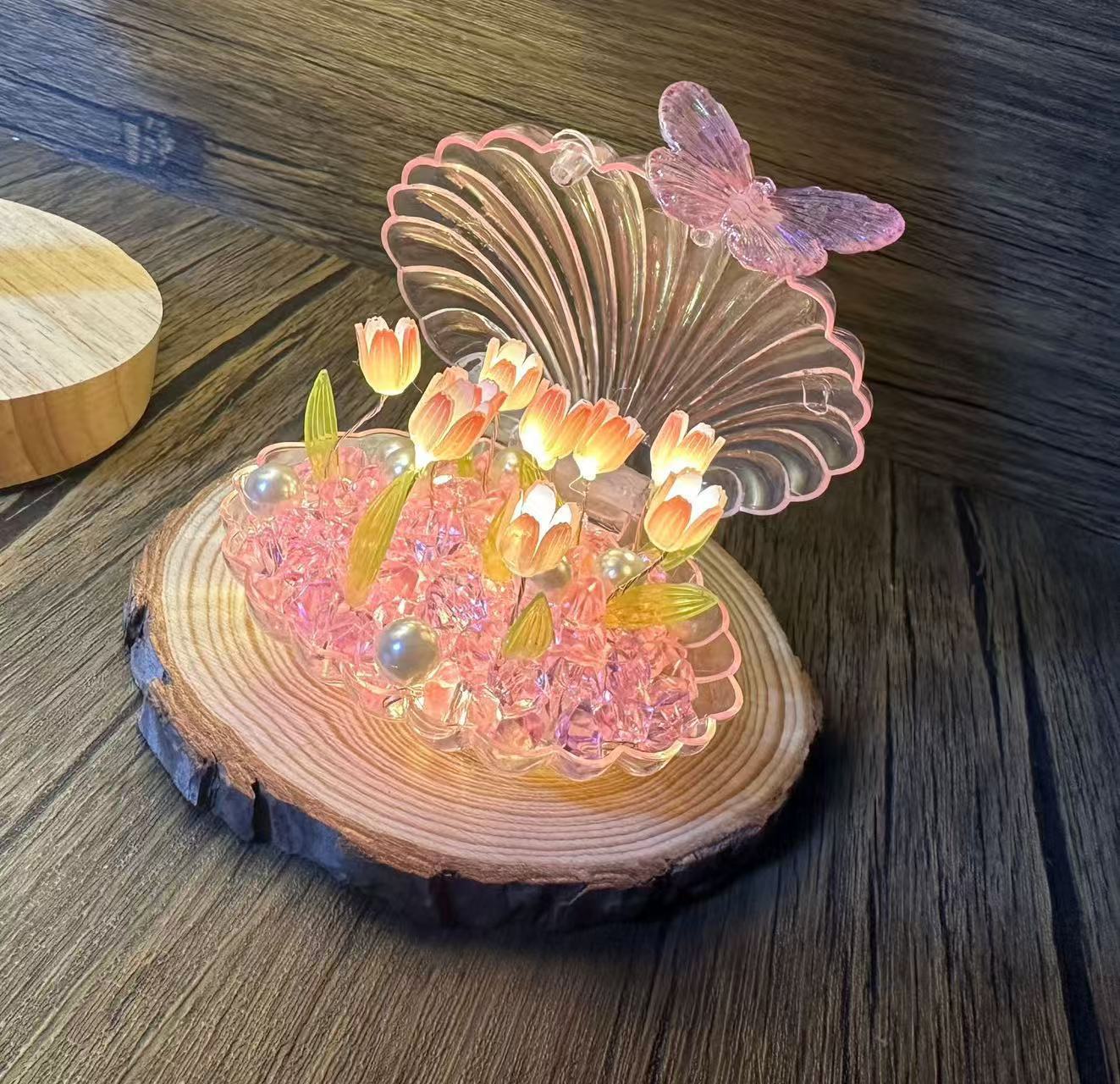 Luz de noche de flor de concha transparente, bricolaje hecho a mano, mesita de noche, luz ambiental, decoración luminosa para novia