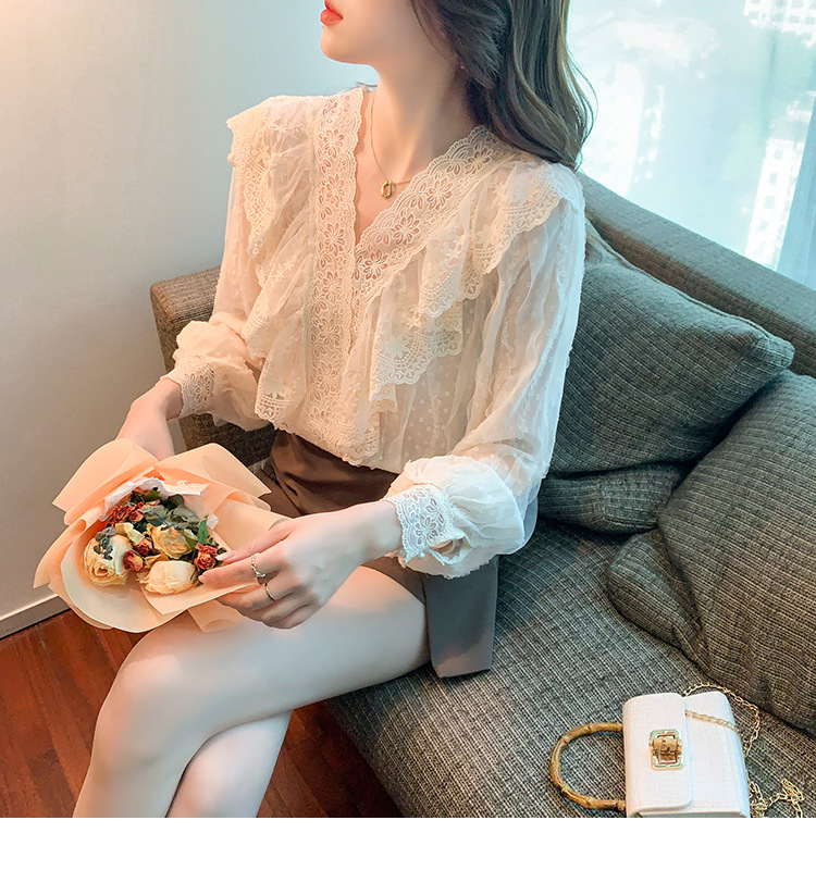 2023春季新款V领荷叶边衬衫女长袖蕾丝衫上衣温柔韩版仙女上衣详情16