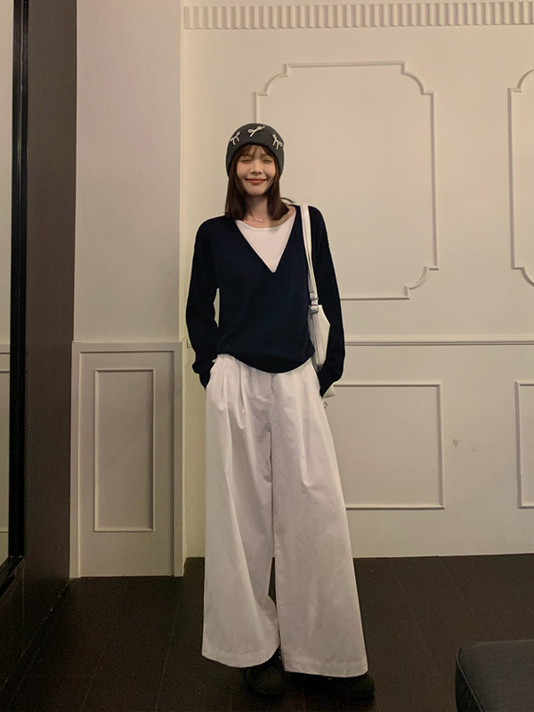 睛雅~藏蓝假两件针织衫女秋季新款宽松高级慵懒韩系毛衣长袖上衣|undefined