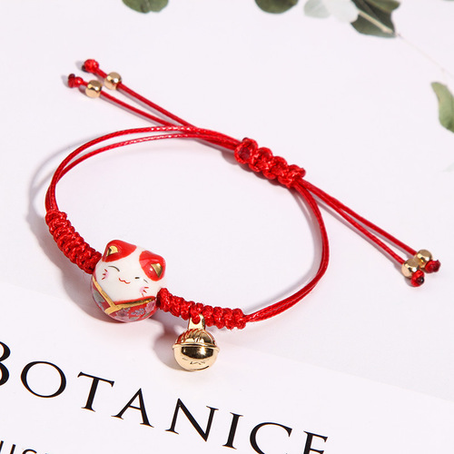 Simple and Cute Ceramic Cat Bracelet for Women, Fresh Student Hand-woven Money Cat Red Rope Bracelet for Women as a Gift