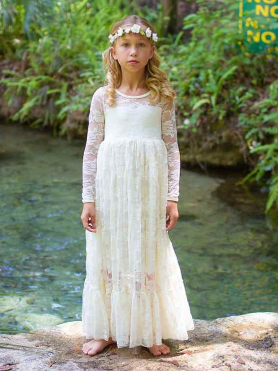 Vestido de novia para niñas, estilo europeo y americano, de encaje, manga larga, vestido de hada, vestido largo para cumpleaños y actuaciones.