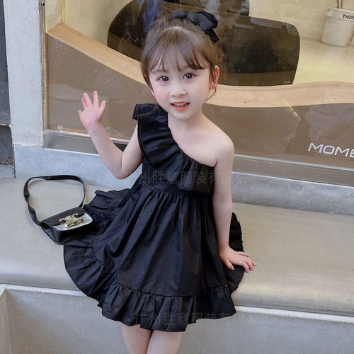 Girls' Sleeveless Summer Dress New Arrival Off-the-Shoulder Children's Stylish Black Princess Dress Baby Formal Dress