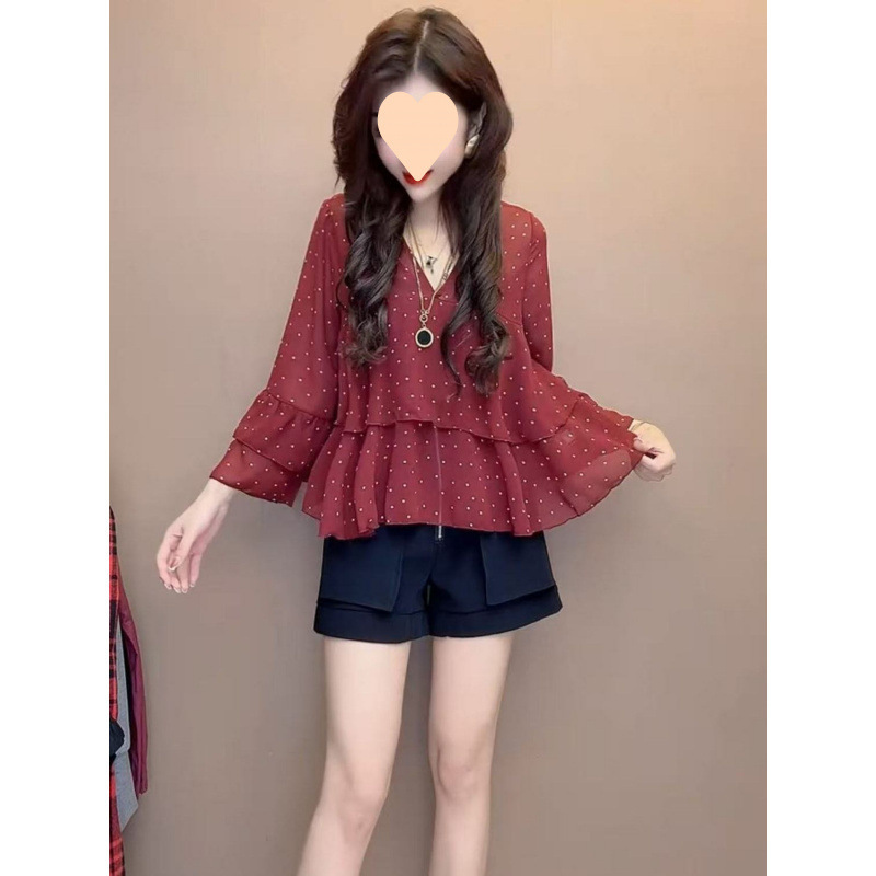 女性用フレンチデザインシフォンシャツ、黒水玉トップス、ベルスリーブフリルシフォンシャツ|undefined