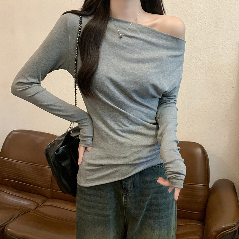 露肩修身抽褶长袖T恤女早秋新款修身显瘦内搭不规则斜肩上衣冬季|undefined