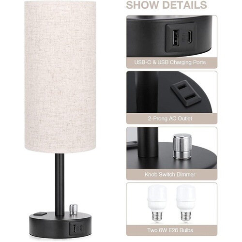 American-style small table lamp, minimalist modern touch with three-level dimming, round with USB-C port socket, bedroom bedside lamp