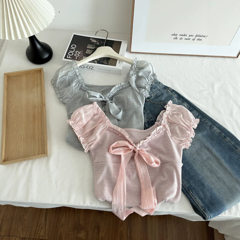 Hot-Selling Summer Fashion New Style Pure Sweet and Spicy Short Lace Trim Bowknot Off-Shoulder Short-Sleeve Top T-Shirt 7437