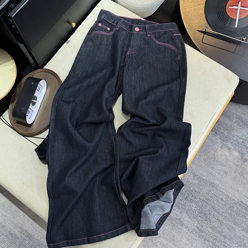 Hong Kong-style unique washed dark blue low-waist wide-leg jeans for women, autumn petite jeans with pink leather label