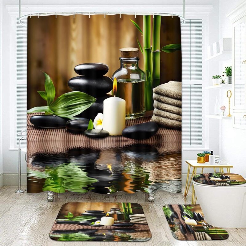 4-piece spa bamboo bath set with shower curtain and carpet accessories, oilwood massage candle Zen toilet seat cushion 4-piece spa bamboo bath set with shower curtain and carpet accessories, oilwood massage candle Zen toilet seat cushion