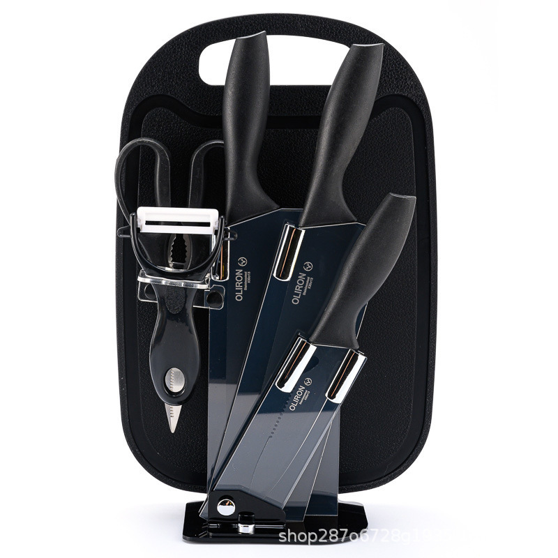 Cuchillo negro de 7 piezas con tabla de cortar