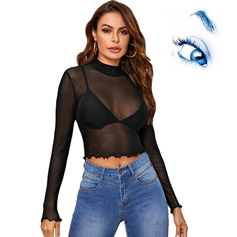 Amazon Transparent Mesh Top T-shirt Independent Station Long Sleeve Women's T-Shirt Spring and Autumn Shopee Perspective Women's Clothing